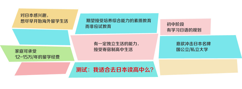 ●對(duì)日本感興趣，想盡早開始海外留學(xué)生活
●期望接受培養(yǎng)綜合能力的素質(zhì)教育，而非應(yīng)試教育
●初中階段有學(xué)習(xí)日語(yǔ)的規(guī)劃
●有一定獨(dú)立生活的能力，接受寄宿制高中生活
●意欲沖擊日本名牌國(guó)公立/私立大學(xué)
●家庭可承受12-15萬(wàn)/年的留學(xué)經(jīng)費(fèi)