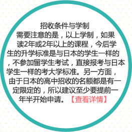 招收條件與學(xué)制
需要注意的是，以上學(xué)制，如果非讀2年或2年以上的課程，今后學(xué)生的升學(xué)標(biāo)準(zhǔn)是與日本的學(xué)生一樣的，不參加留學(xué)生考試，直接報(bào)考與日本學(xué)生一樣的考大學(xué)標(biāo)準(zhǔn)。另一方面，由于日本的高中招收的名額都是有一定限定的，所以建議至少要提前一年半開始申請(qǐng)。